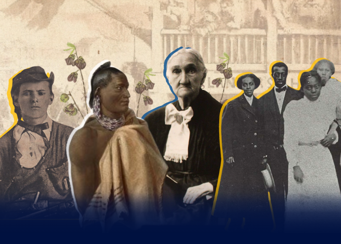 Collage-style historical image featuring several people from different eras arranged side by side against a faded sepia background. On the left, a person in early 20th-century clothing sits beside another person wearing traditional attire with a patterned necklace. In the center, an older individual in dark clothing with a high-collared blouse faces forward. On the right, a small group of people dressed in vintage formal wear stands together. 