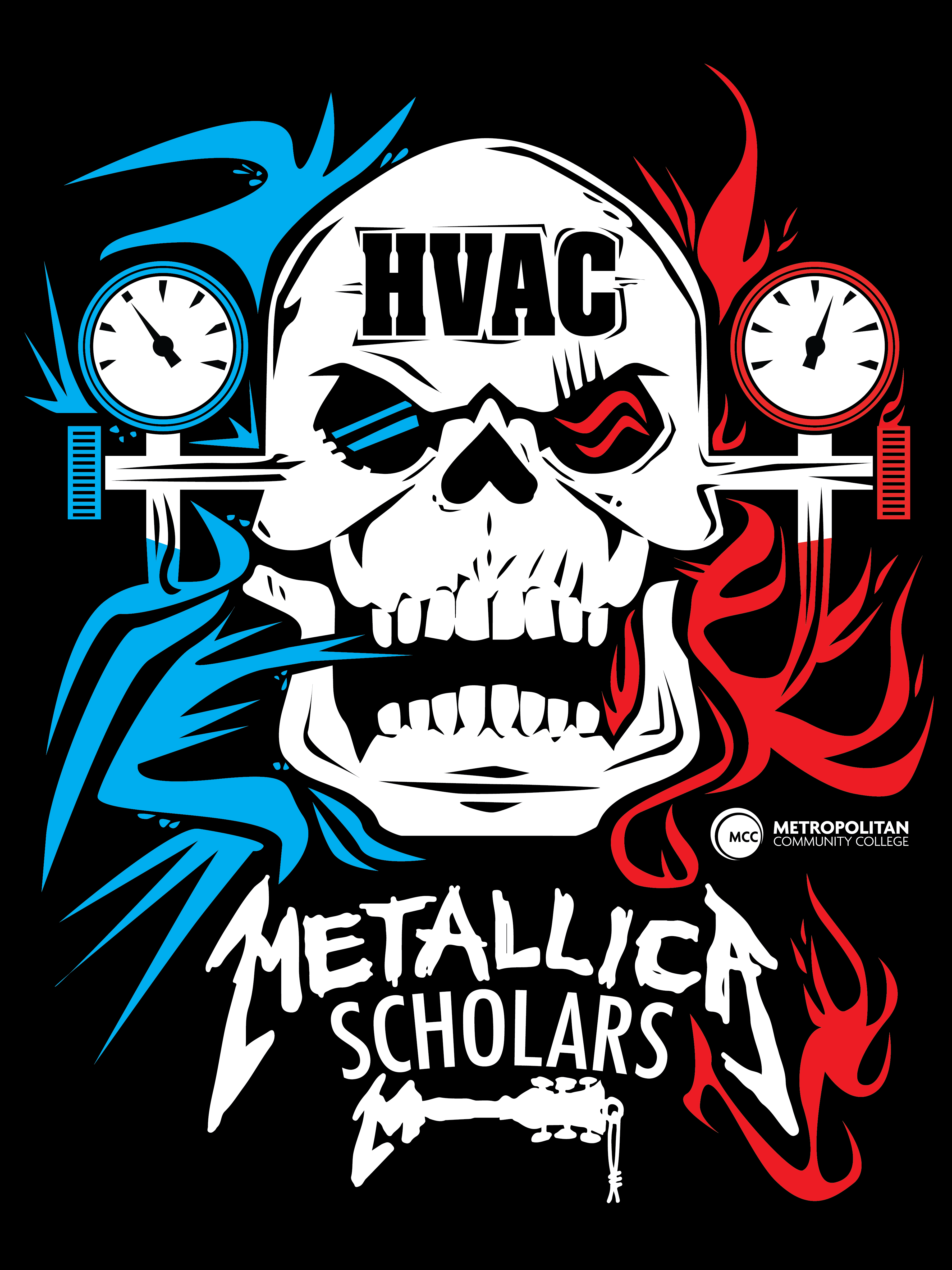 Graphic featuring an HVAC-themed skull design with pressure gauges, blue and red flame elements, and Metallica Scholars program branding.