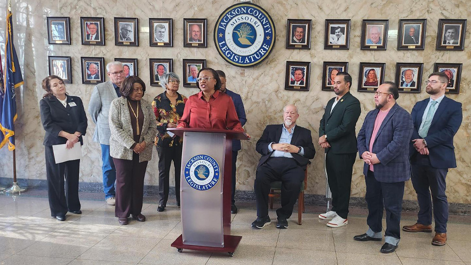 Dr. Kimberly Beatty speaking at Jackson County, MO legislature press conference