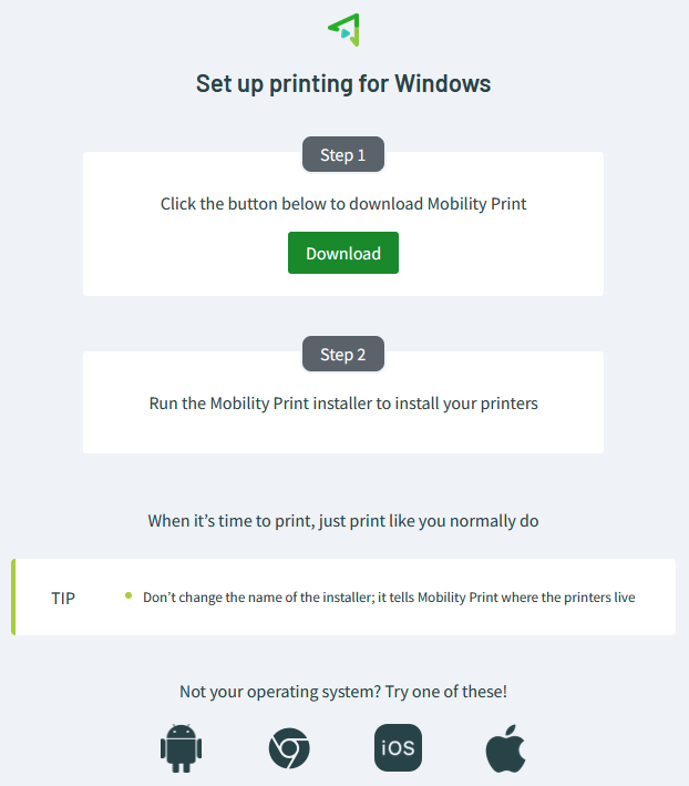 PaperCut setup page for Windows showing two-step printing instructions, a download button, tip section and device platform icons.